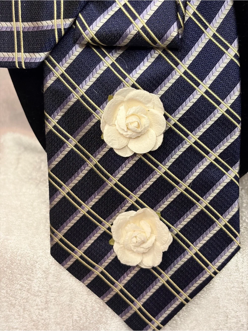 Navy Plaid Decorative Scarf Tie with Cream Floral Accents